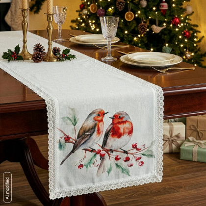 Biela šerpa 40x140 cm s vtáčikmi - behúň na stôl Biela šerpa 40x140 cm s vtáčikmi - behúň na stôl